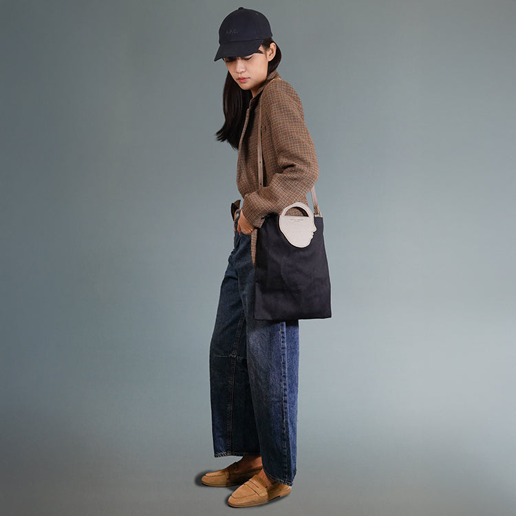 Flat Tote AP【 褐色 X 大象灰 】69%環保蘋果皮革牛仔布袋