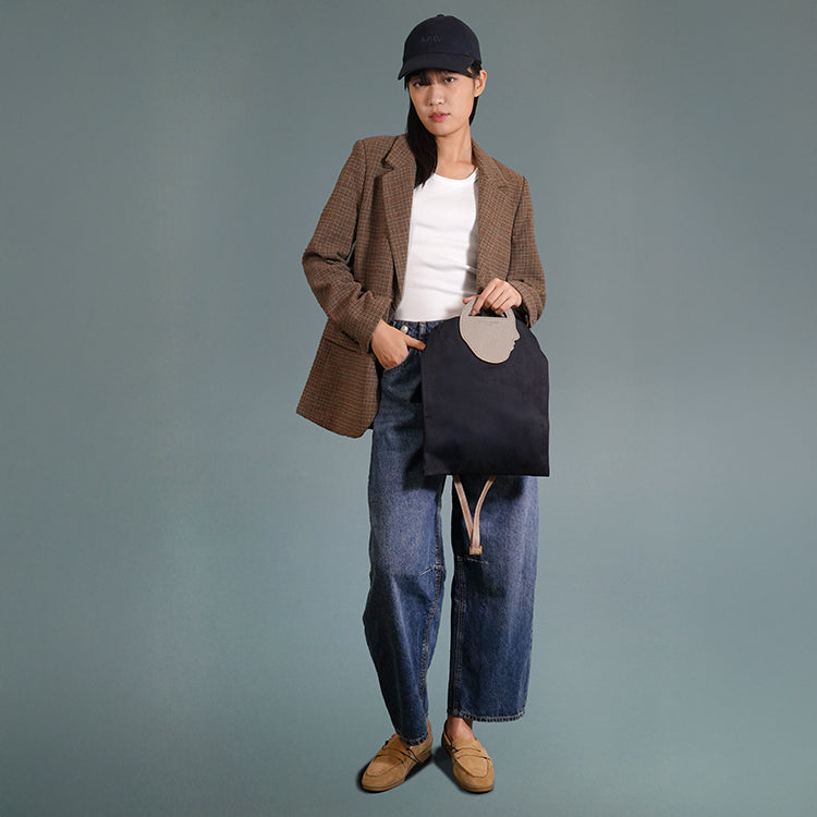 Flat Tote AP【 褐色 X 大象灰 】69%環保蘋果皮革牛仔布袋