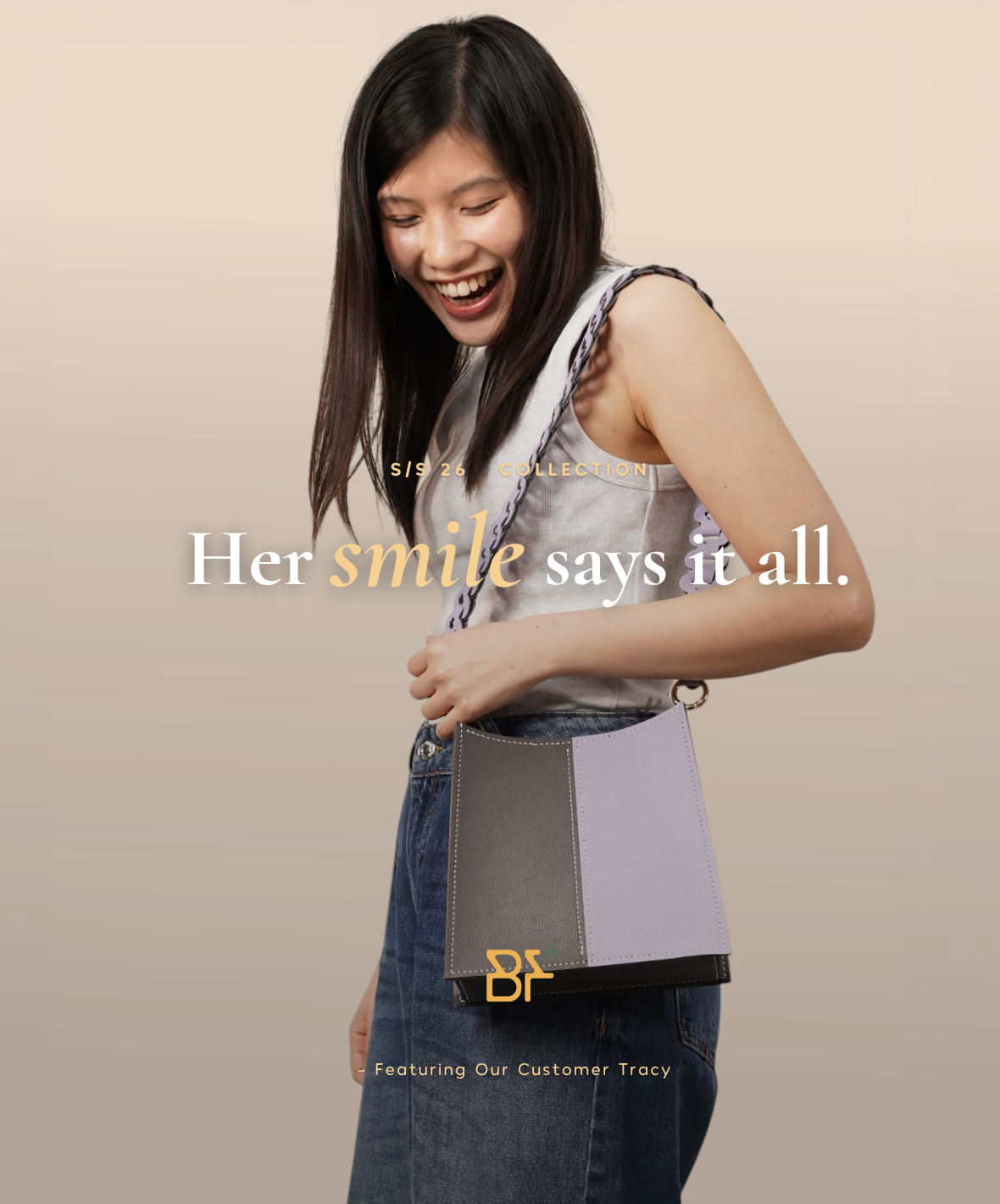 客人 Tracy 與灰×丁香紫斜孭袋 — Her smile says it all · 真實客人 Lookbook