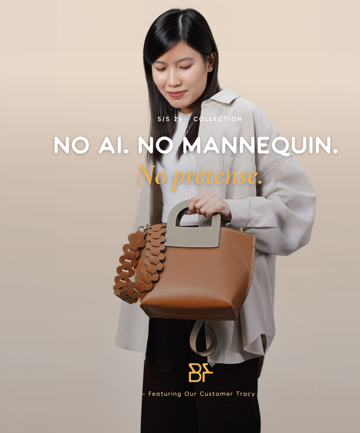 客人 Tracy 與焦糖啡 Box Tote — No AI. No mannequin. · 真實客人 Lookbook
